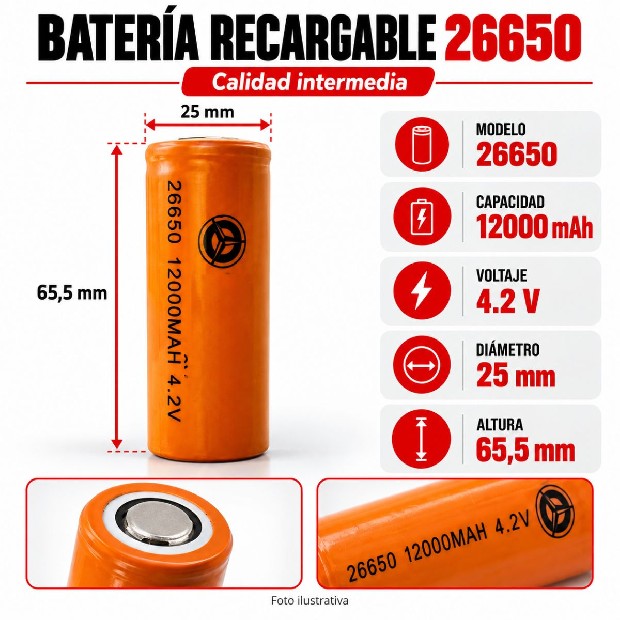 &ua BATERIA PILA RECARGABLES 26650 NARANJA (925)
